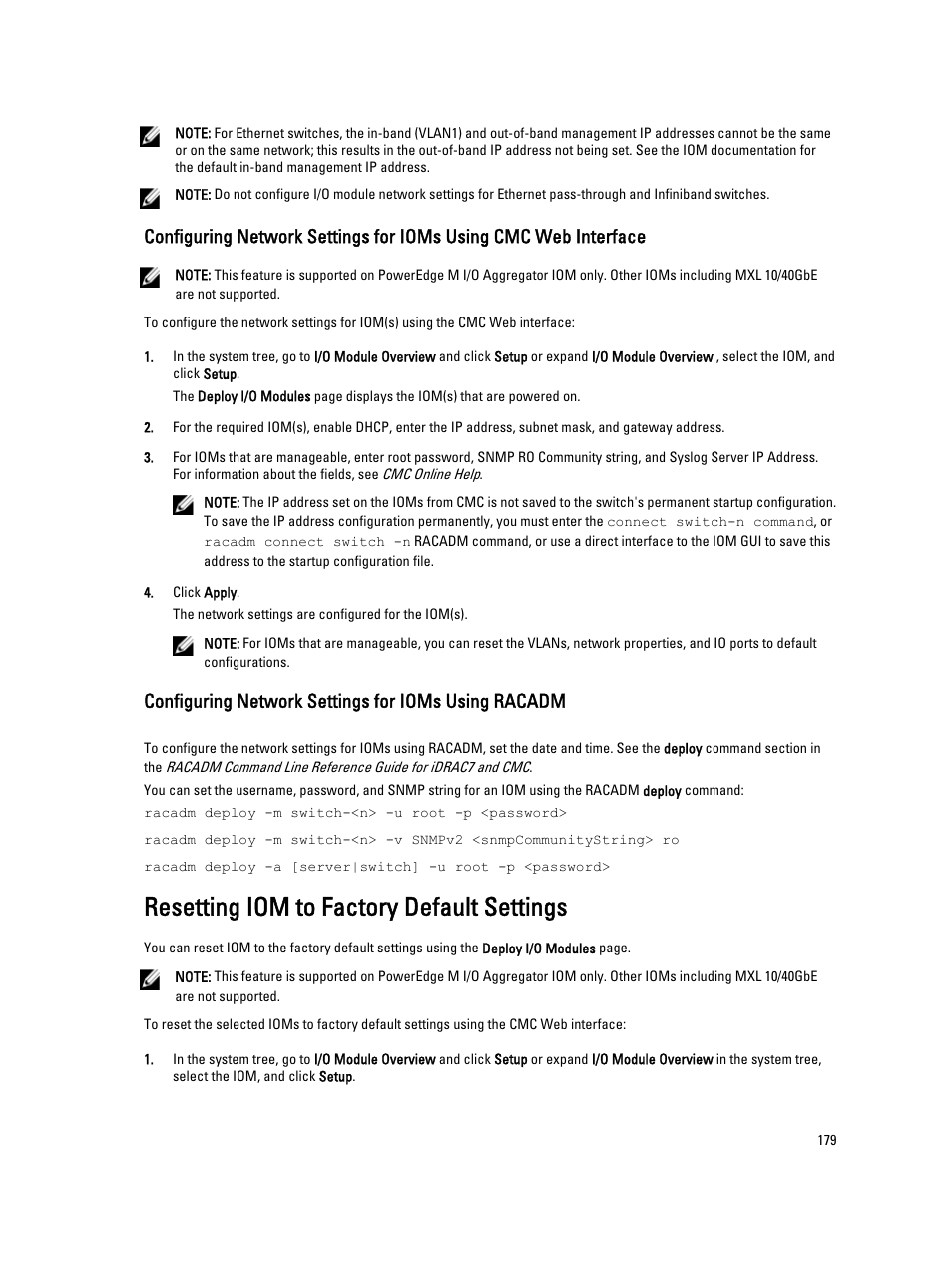 Configuring network settings for ioms using racadm, Resetting iom to factory default settings | Dell POWEREDGE M1000E User Manual | Page 179 / 260