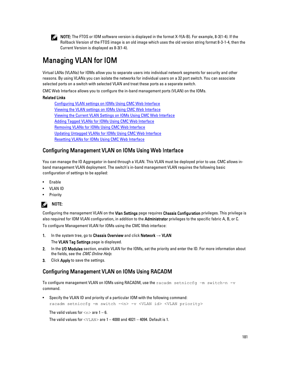 Managing vlan for iom, Configuring management vlan on ioms using racadm | Dell POWEREDGE M1000E User Manual | Page 181 / 260