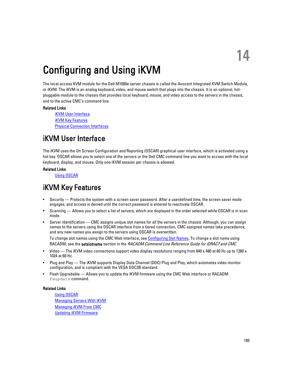 Configuring and using ikvm, Ikvm user interface, Ikvm key features | 14 configuring and using ikvm | Dell POWEREDGE M1000E User Manual | Page 185 / 260