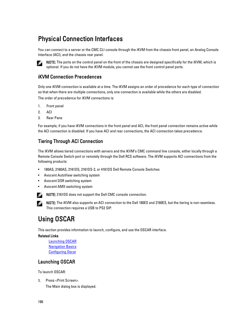 Physical connection interfaces, Ikvm connection precedences, Tiering through aci connection | Using oscar, Launching oscar | Dell POWEREDGE M1000E User Manual | Page 186 / 260