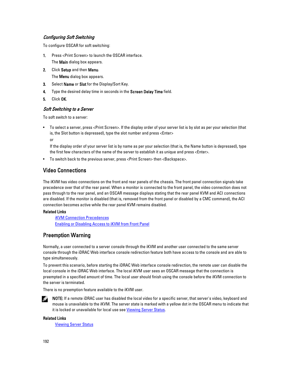 Video connections, Preemption warning | Dell POWEREDGE M1000E User Manual | Page 192 / 260