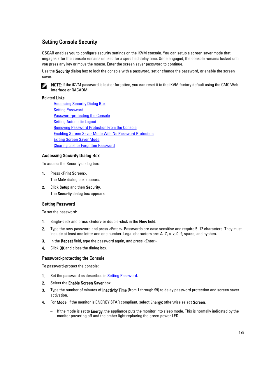 Setting console security | Dell POWEREDGE M1000E User Manual | Page 193 / 260