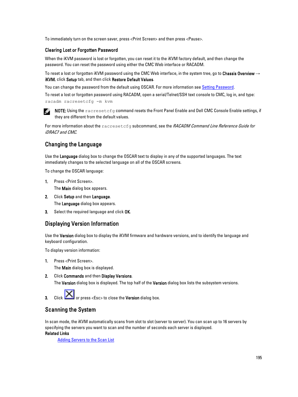 Changing the language, Displaying version information, Scanning the system | Clearing lost or forgotten password | Dell POWEREDGE M1000E User Manual | Page 195 / 260