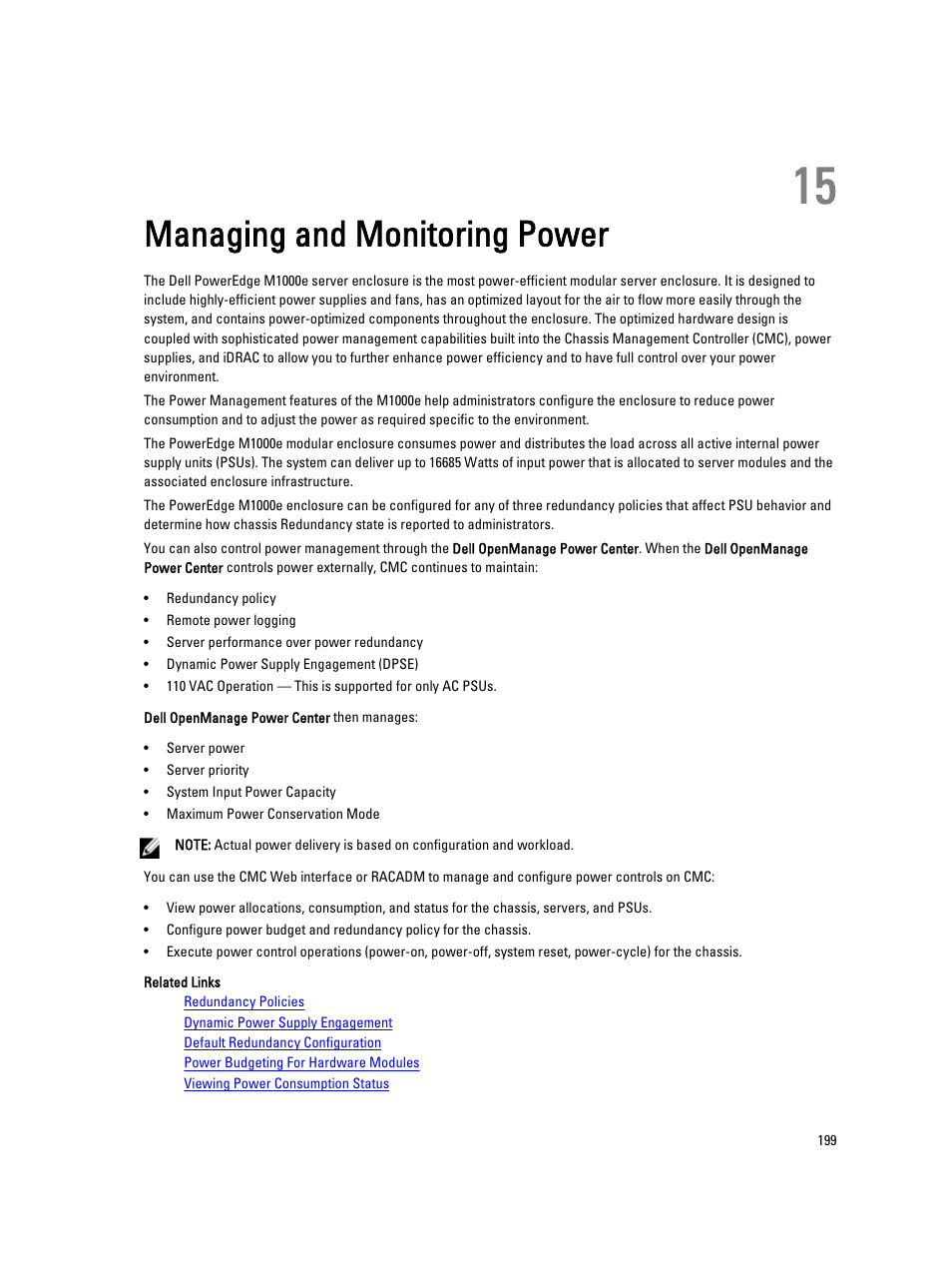 Managing and monitoring power, 15 managing and monitoring power | Dell POWEREDGE M1000E User Manual | Page 199 / 260
