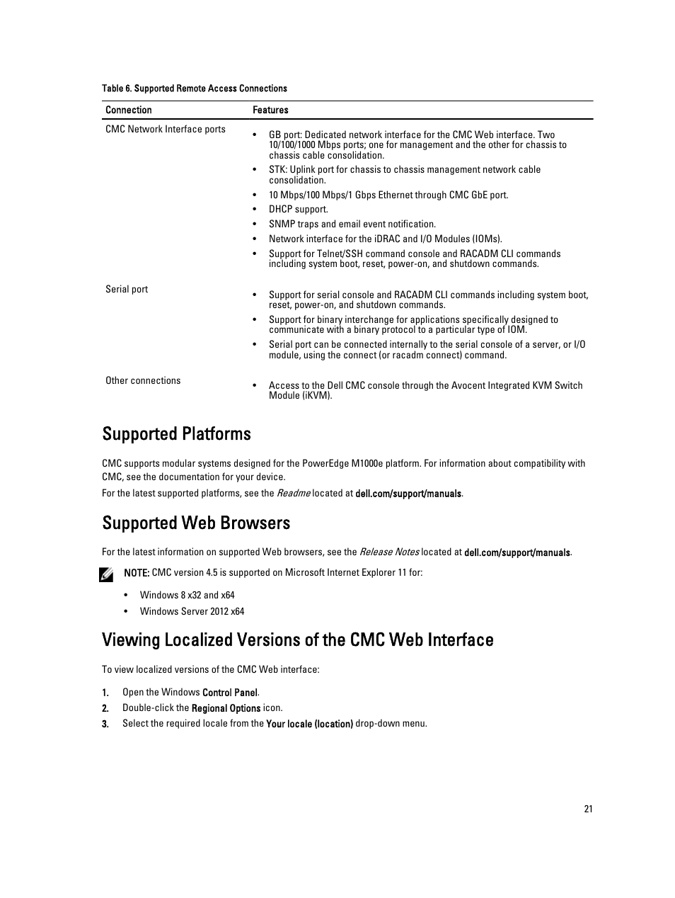 Supported platforms, Supported web browsers | Dell POWEREDGE M1000E User Manual | Page 21 / 260