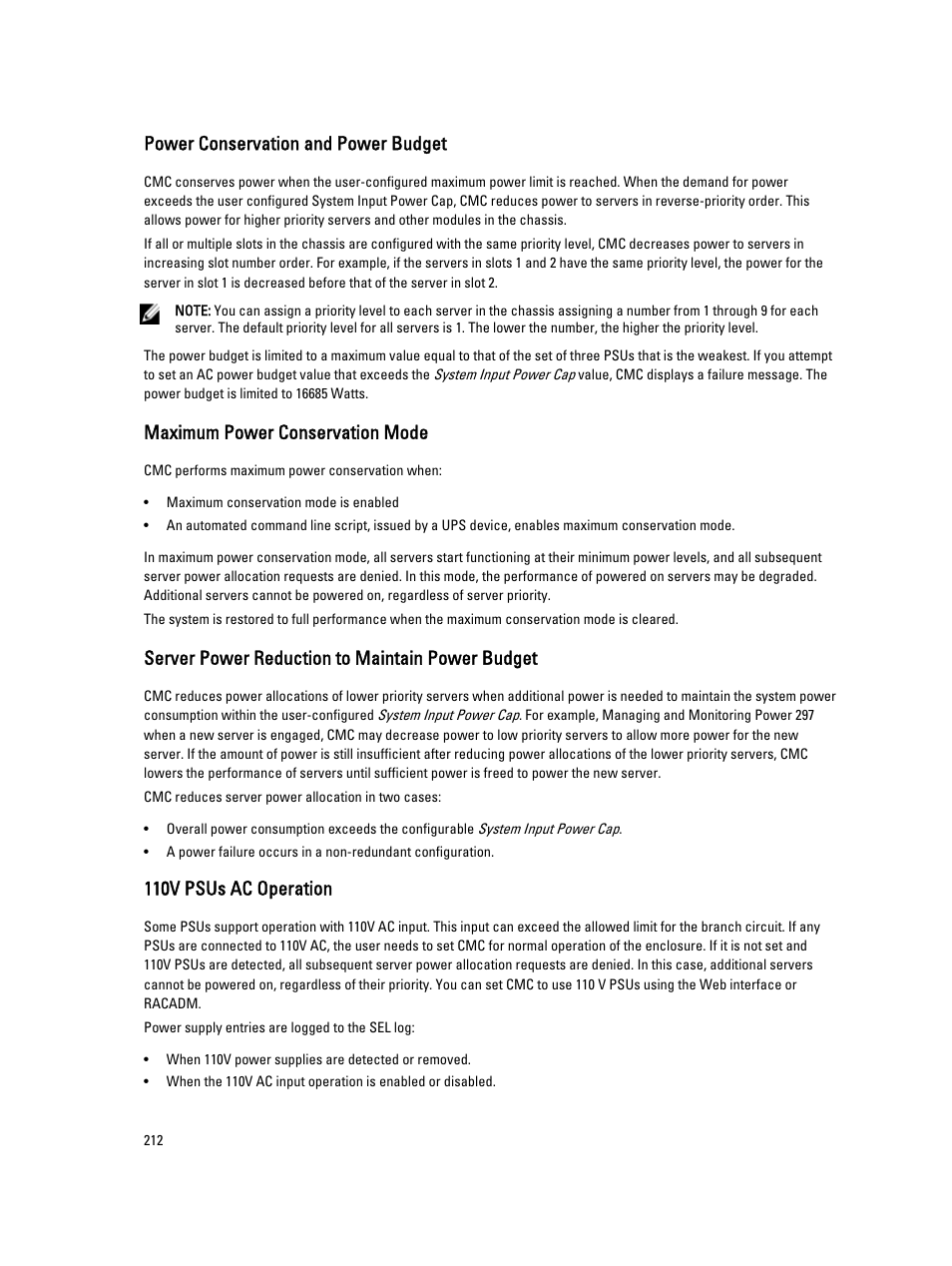 Power conservation and power budget, Maximum power conservation mode, Server power reduction to maintain power budget | 110v psus ac operation | Dell POWEREDGE M1000E User Manual | Page 212 / 260