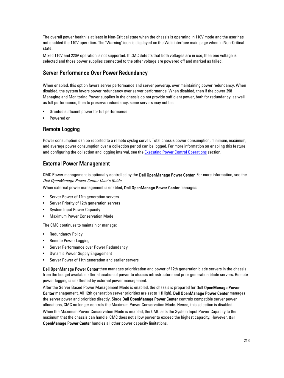 Server performance over power redundancy, Remote logging, External power management | Dell POWEREDGE M1000E User Manual | Page 213 / 260