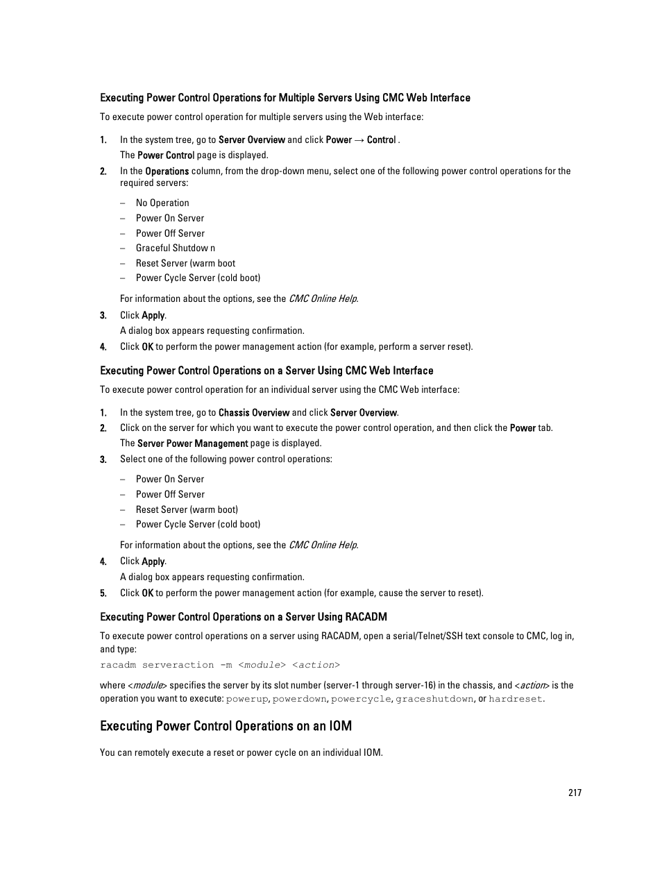 Executing power control operations on an iom | Dell POWEREDGE M1000E User Manual | Page 217 / 260