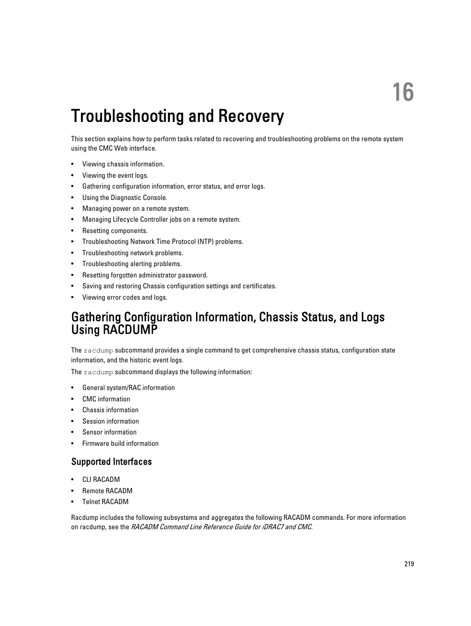 Troubleshooting and recovery, Supported interfaces, 16 troubleshooting and recovery | Dell POWEREDGE M1000E User Manual | Page 219 / 260