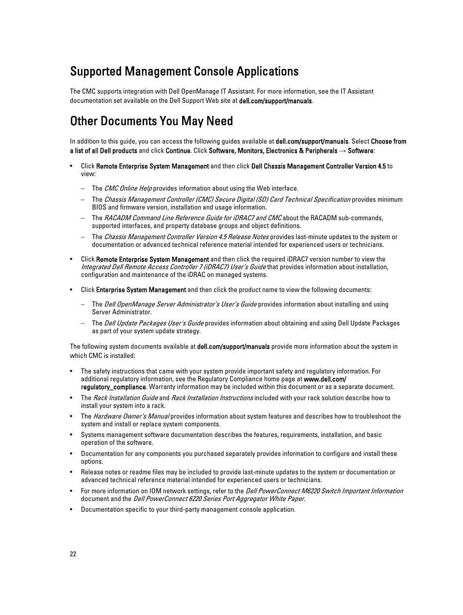Supported management console applications, Other documents you may need | Dell POWEREDGE M1000E User Manual | Page 22 / 260
