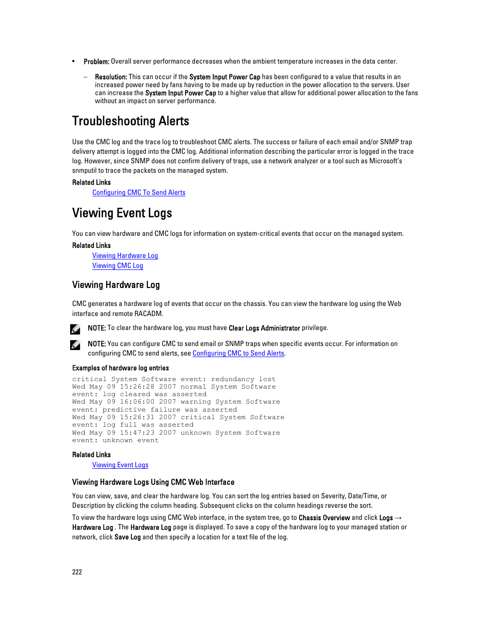 Troubleshooting alerts, Viewing event logs, Viewing hardware log | Dell POWEREDGE M1000E User Manual | Page 222 / 260