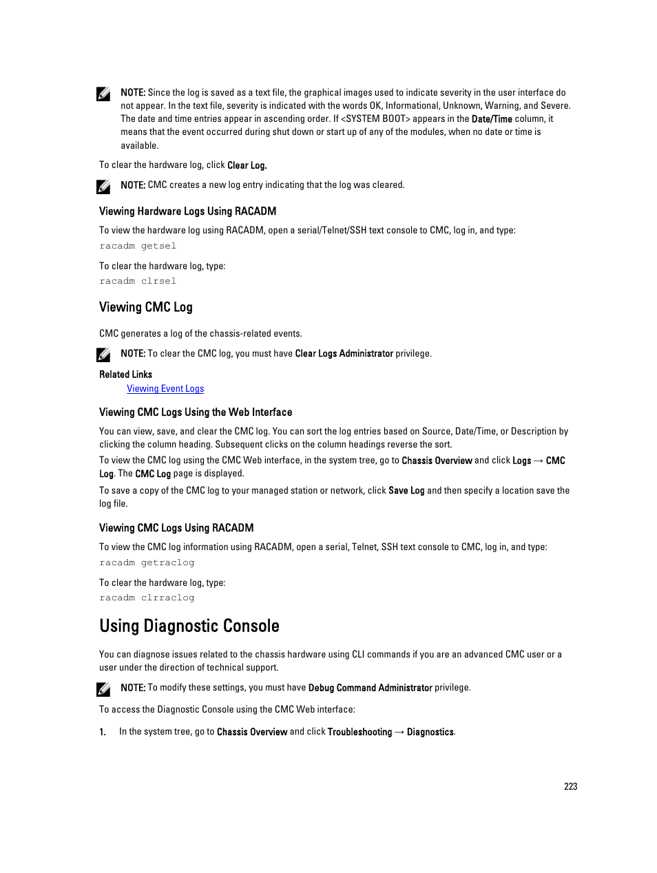 Viewing cmc log, Using diagnostic console | Dell POWEREDGE M1000E User Manual | Page 223 / 260