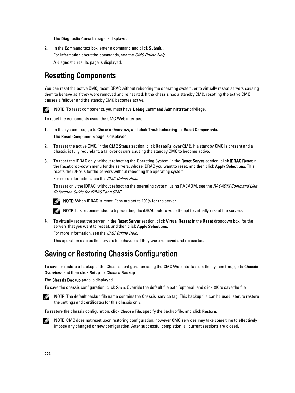 Resetting components, Saving or restoring chassis configuration | Dell POWEREDGE M1000E User Manual | Page 224 / 260