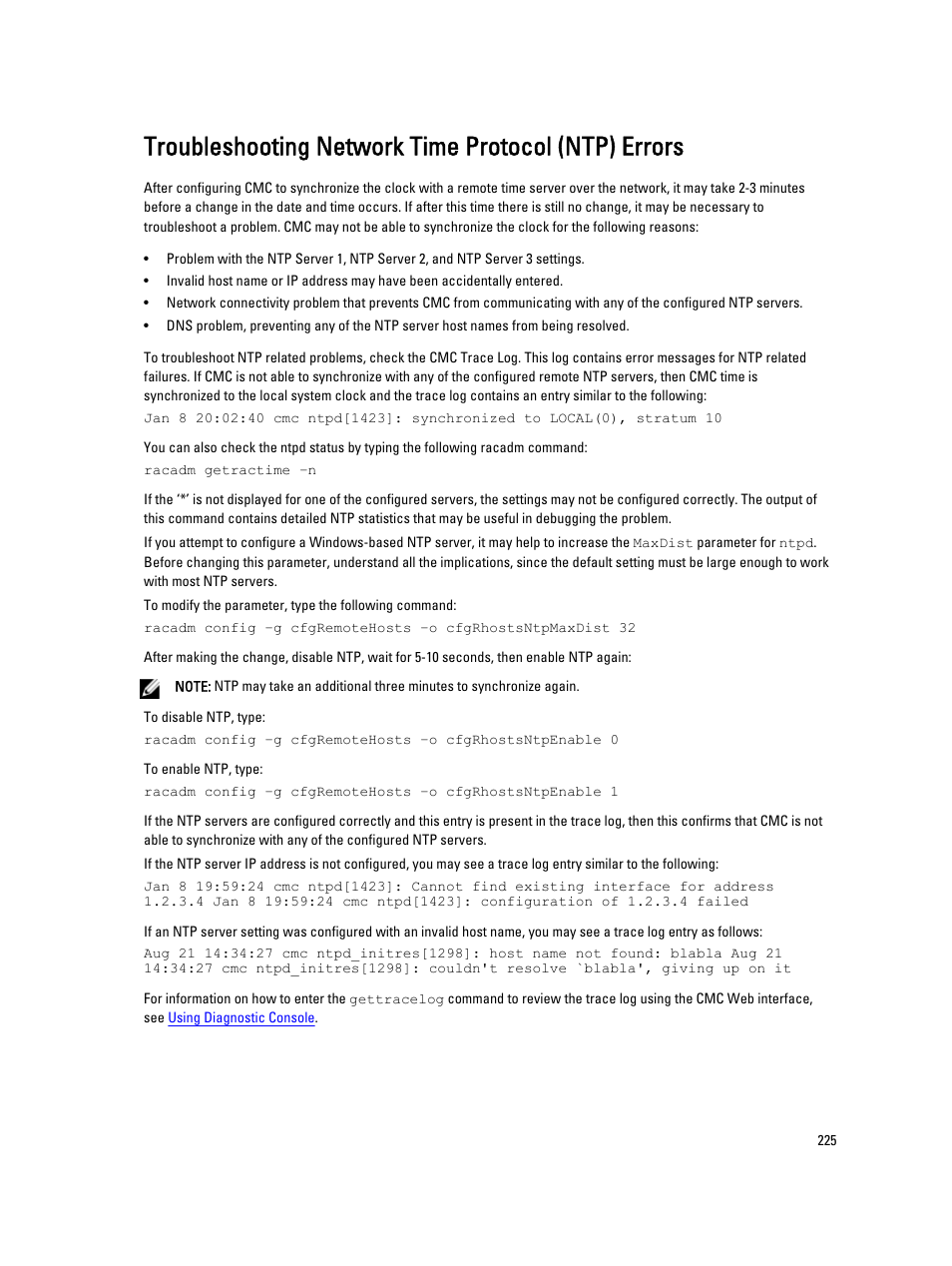 Troubleshooting network time protocol (ntp) errors | Dell POWEREDGE M1000E User Manual | Page 225 / 260