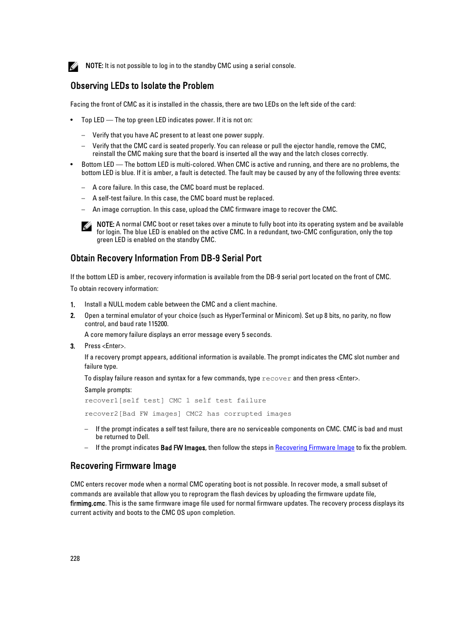 Observing leds to isolate the problem, Obtain recovery information from db-9 serial port, Recovering firmware image | Dell POWEREDGE M1000E User Manual | Page 228 / 260