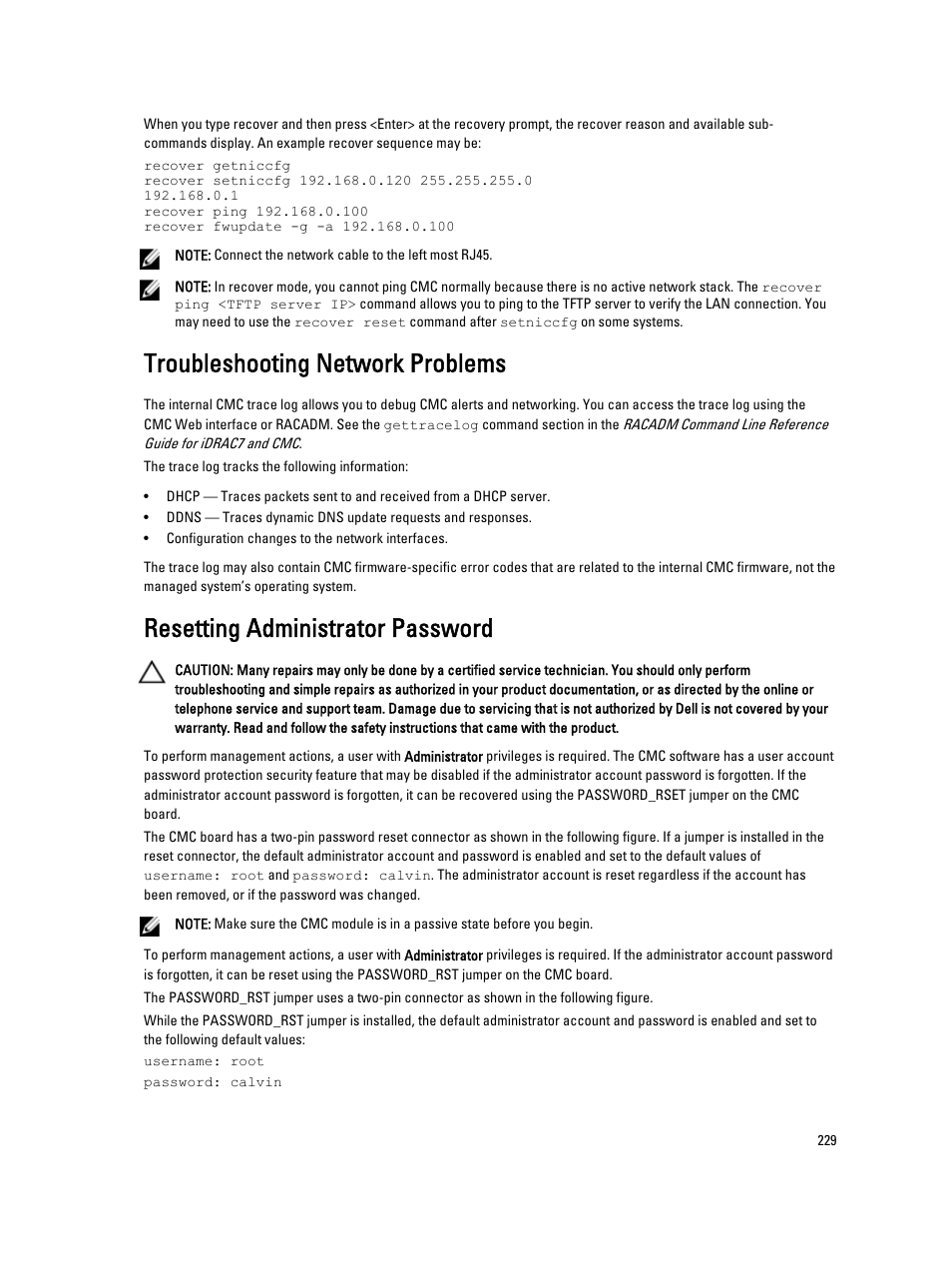 Troubleshooting network problems, Resetting administrator password | Dell POWEREDGE M1000E User Manual | Page 229 / 260
