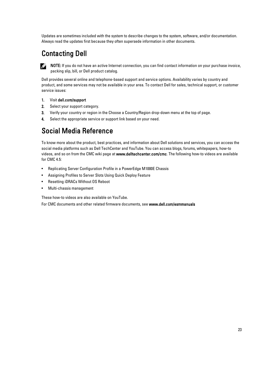 Contacting dell, Social media reference | Dell POWEREDGE M1000E User Manual | Page 23 / 260