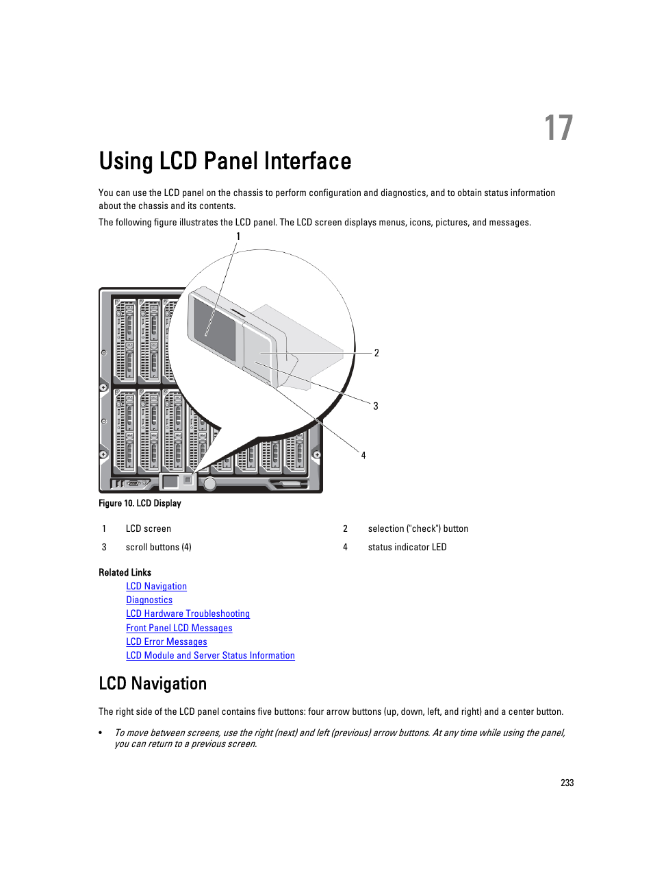Using lcd panel interface, Lcd navigation, 17 using lcd panel interface | Dell POWEREDGE M1000E User Manual | Page 233 / 260
