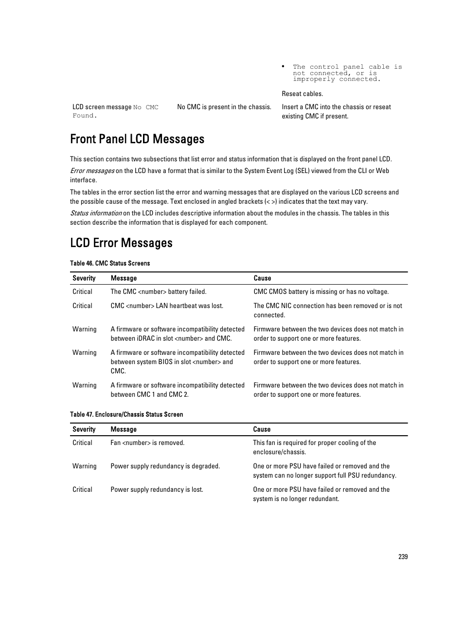 Front panel lcd messages, Lcd error messages, Front panel lcd messages lcd error messages | Dell POWEREDGE M1000E User Manual | Page 239 / 260