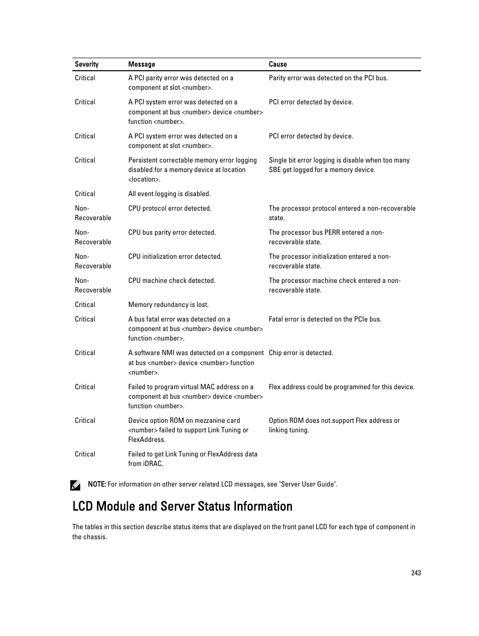 Lcd module and server status information | Dell POWEREDGE M1000E User Manual | Page 243 / 260