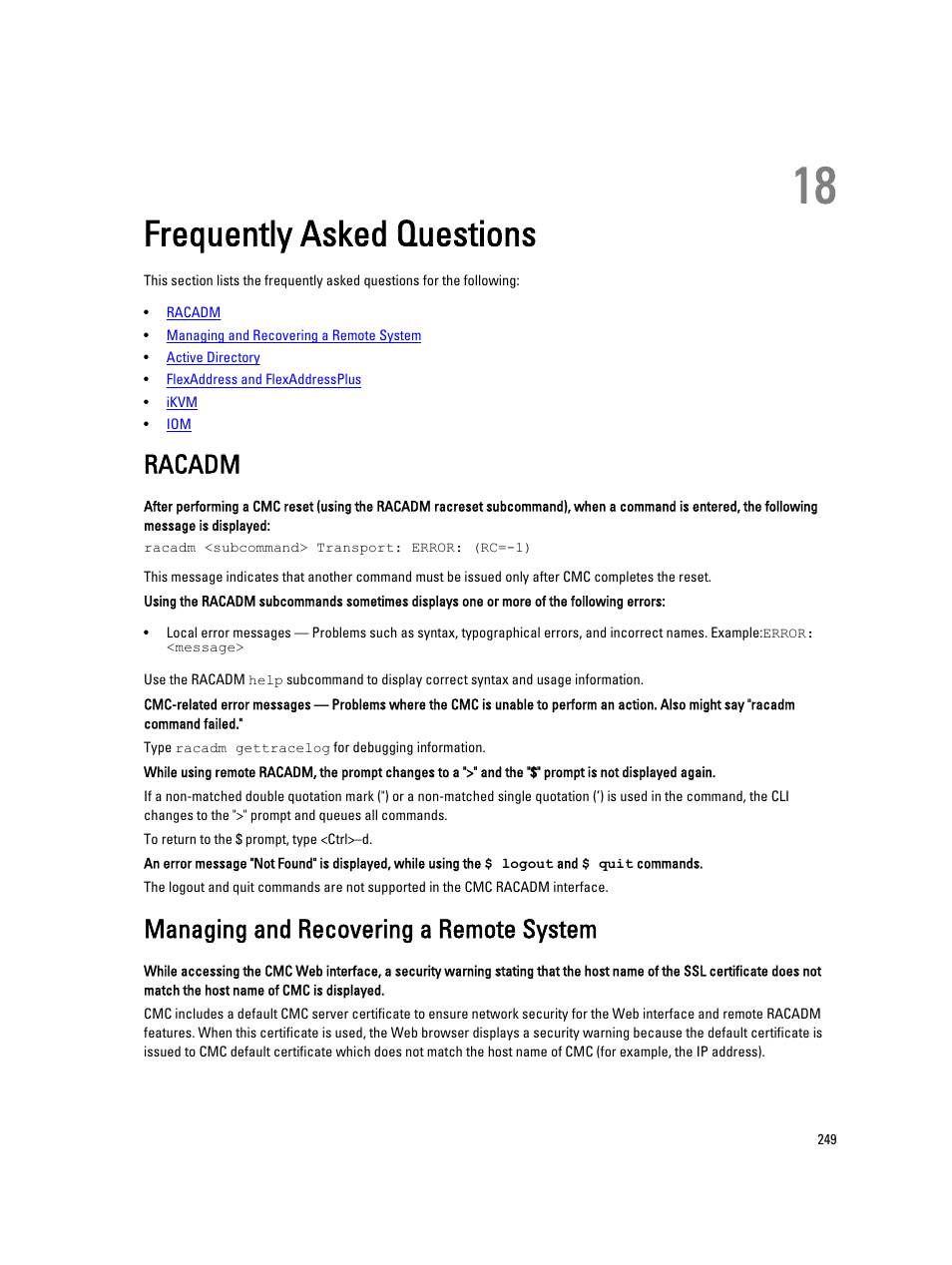 Frequently asked questions, Racadm, Managing and recovering a remote system | 18 frequently asked questions | Dell POWEREDGE M1000E User Manual | Page 249 / 260