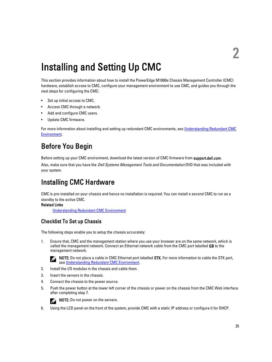 Installing and setting up cmc, Before you begin, Installing cmc hardware | Checklist to set up chassis, 2 installing and setting up cmc | Dell POWEREDGE M1000E User Manual | Page 25 / 260
