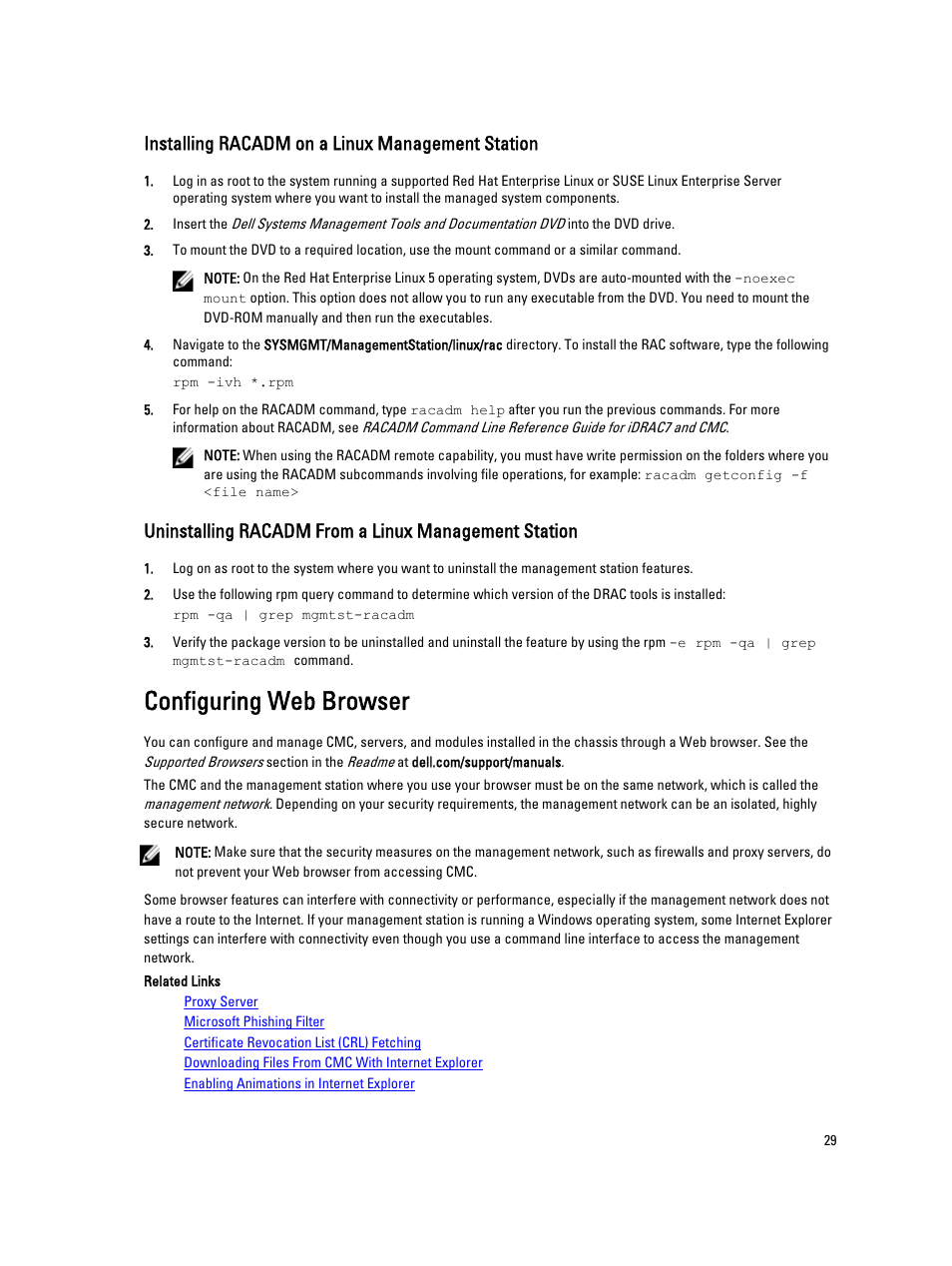 Installing racadm on a linux management station, Configuring web browser | Dell POWEREDGE M1000E User Manual | Page 29 / 260