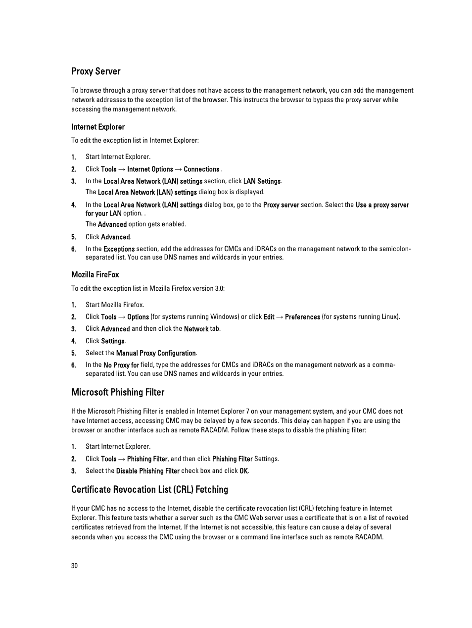 Proxy server, Microsoft phishing filter, Certificate revocation list (crl) fetching | Dell POWEREDGE M1000E User Manual | Page 30 / 260