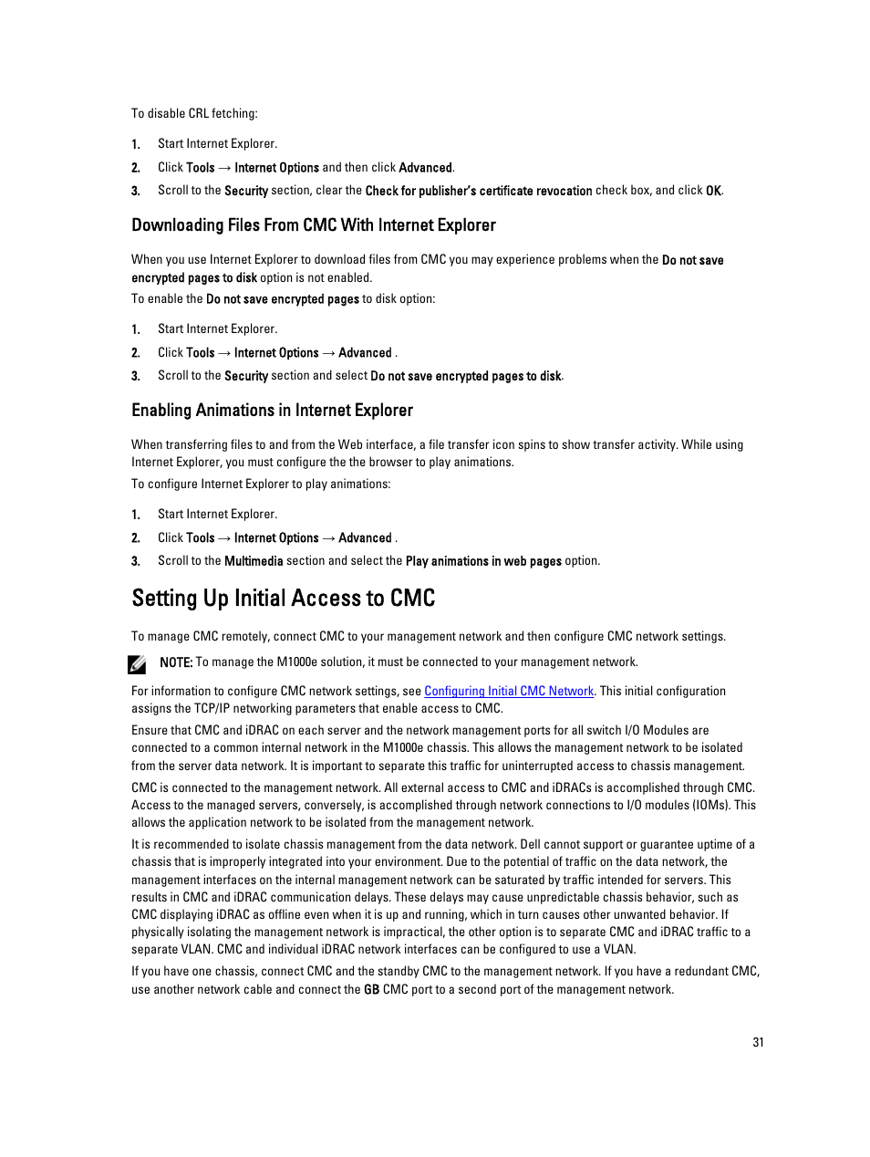 Downloading files from cmc with internet explorer, Enabling animations in internet explorer, Setting up initial access to cmc | Dell POWEREDGE M1000E User Manual | Page 31 / 260