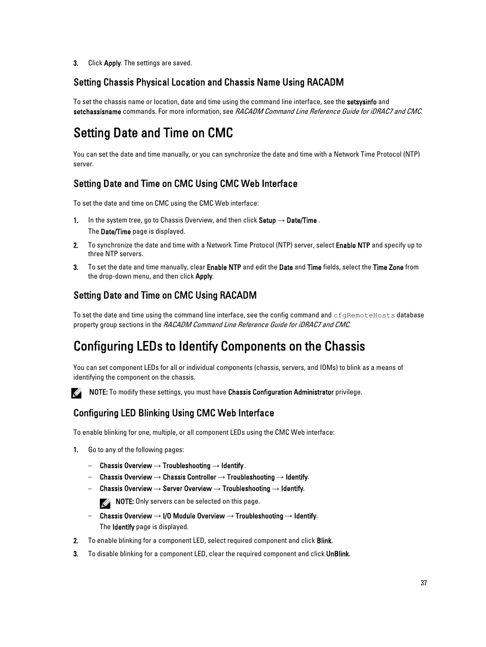 Setting date and time on cmc, Setting date and time on cmc using racadm, Configuring led blinking using cmc web interface | Dell POWEREDGE M1000E User Manual | Page 37 / 260