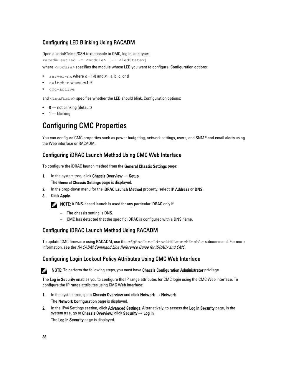 Configuring led blinking using racadm, Configuring cmc properties, Configuring idrac launch method using racadm | Dell POWEREDGE M1000E User Manual | Page 38 / 260