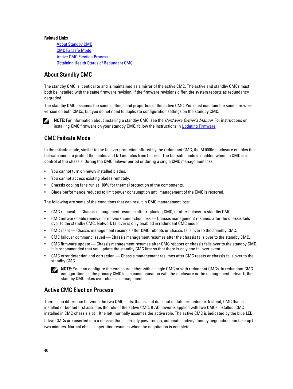 About standby cmc, Cmc failsafe mode, Active cmc election process | Dell POWEREDGE M1000E User Manual | Page 40 / 260