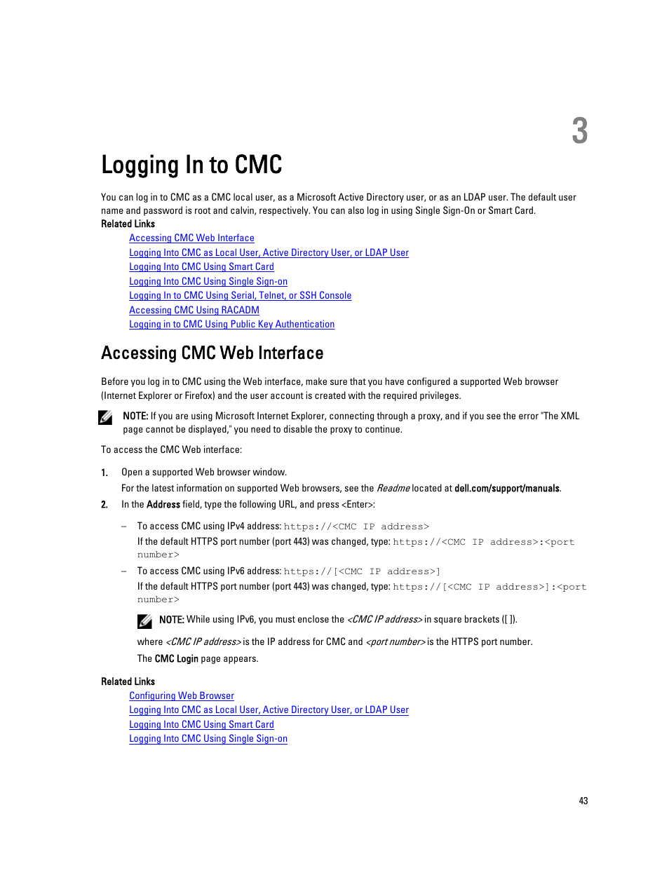 Logging in to cmc, Accessing cmc web interface, 3 logging in to cmc | Dell POWEREDGE M1000E User Manual | Page 43 / 260