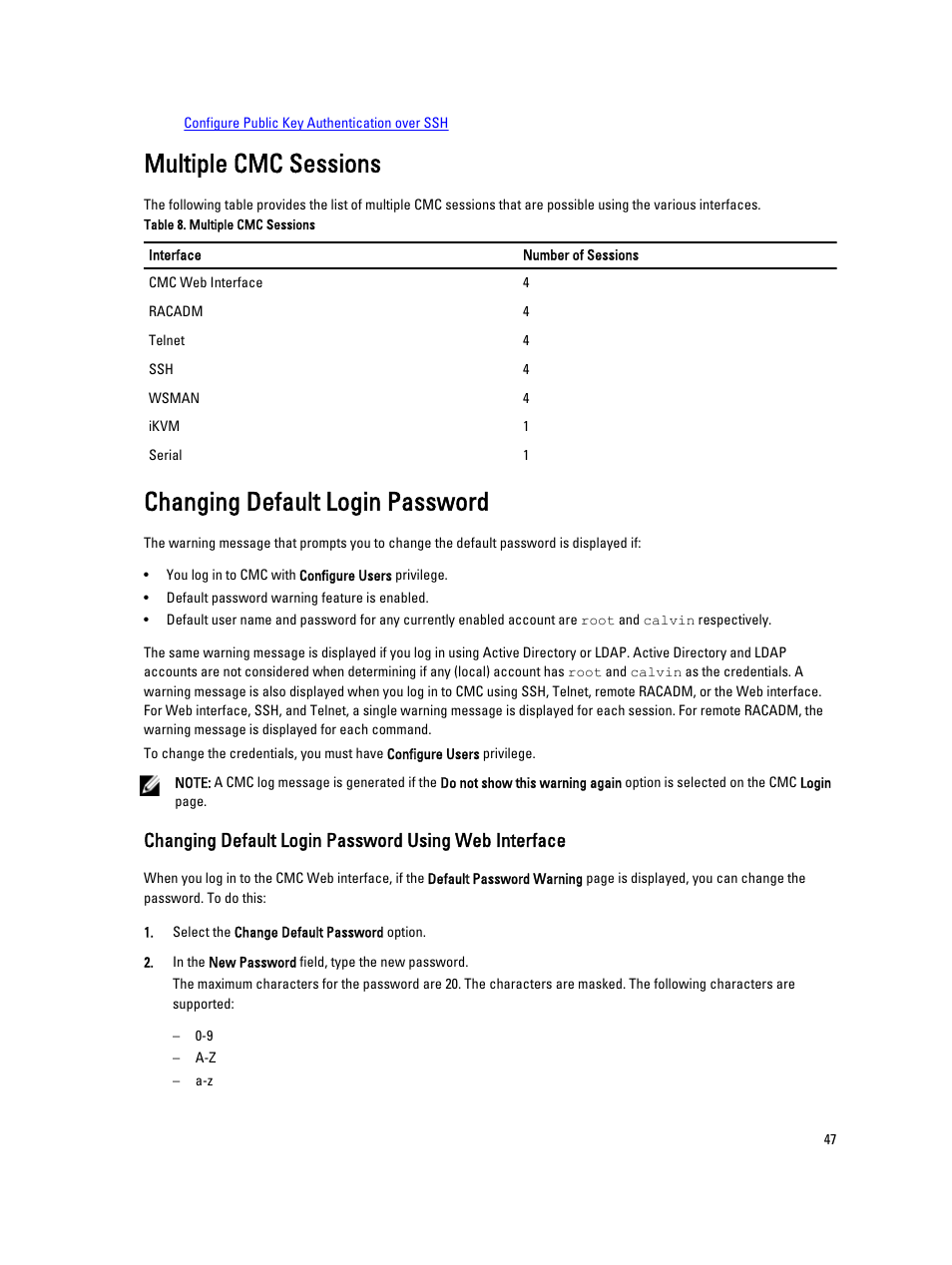 Multiple cmc sessions, Changing default login password | Dell POWEREDGE M1000E User Manual | Page 47 / 260