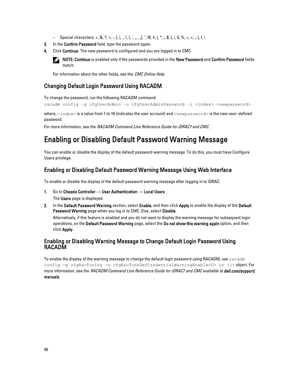Changing default login password using racadm | Dell POWEREDGE M1000E User Manual | Page 48 / 260