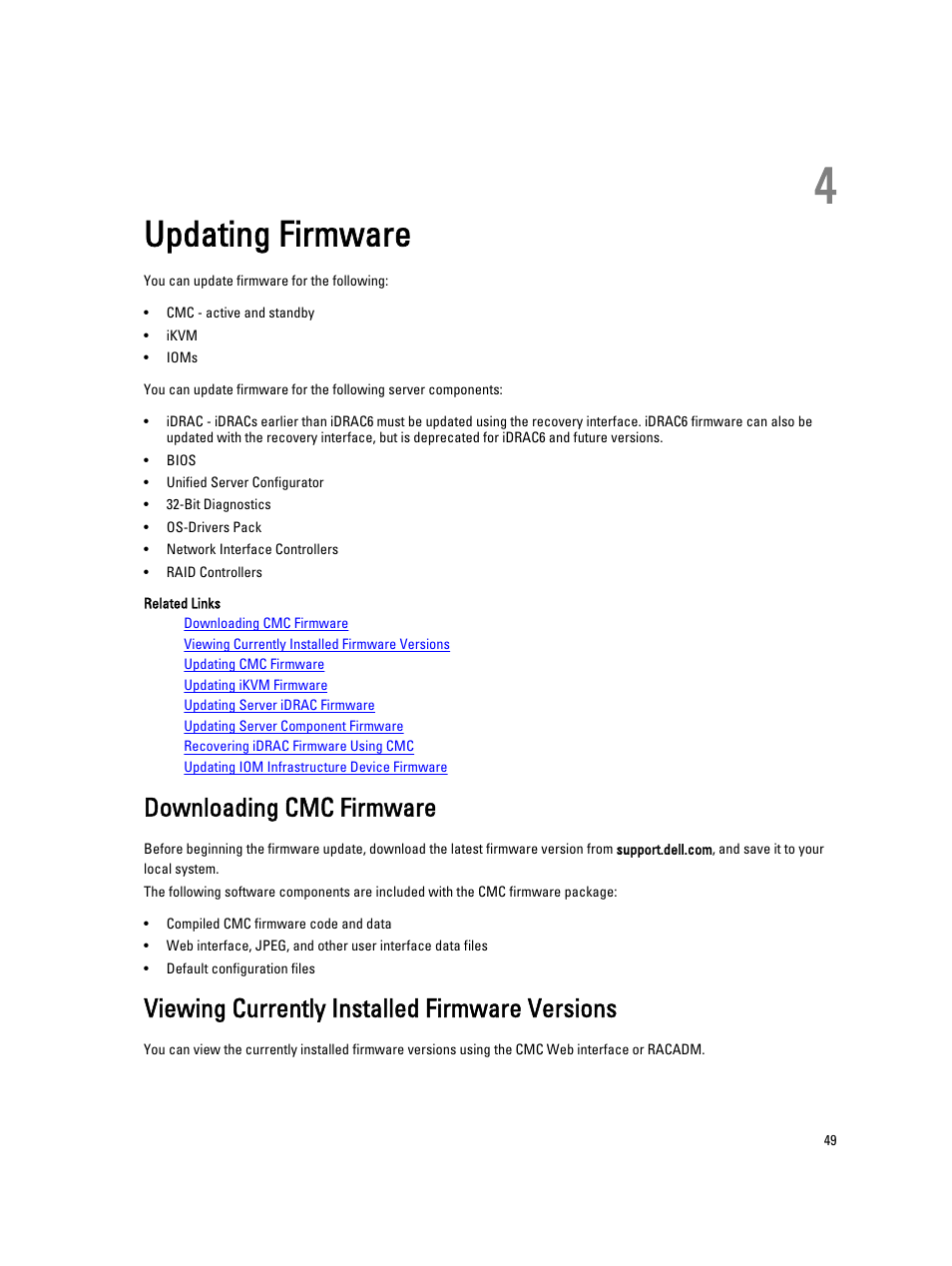 Updating firmware, Downloading cmc firmware, Viewing currently installed firmware versions | 4 updating firmware | Dell POWEREDGE M1000E User Manual | Page 49 / 260