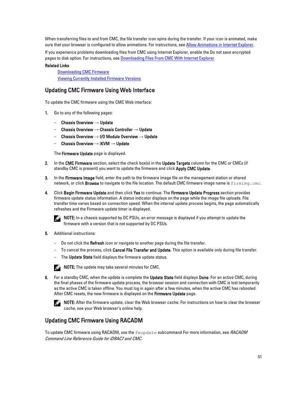 Updating cmc firmware using web interface, Updating cmc firmware using racadm | Dell POWEREDGE M1000E User Manual | Page 51 / 260