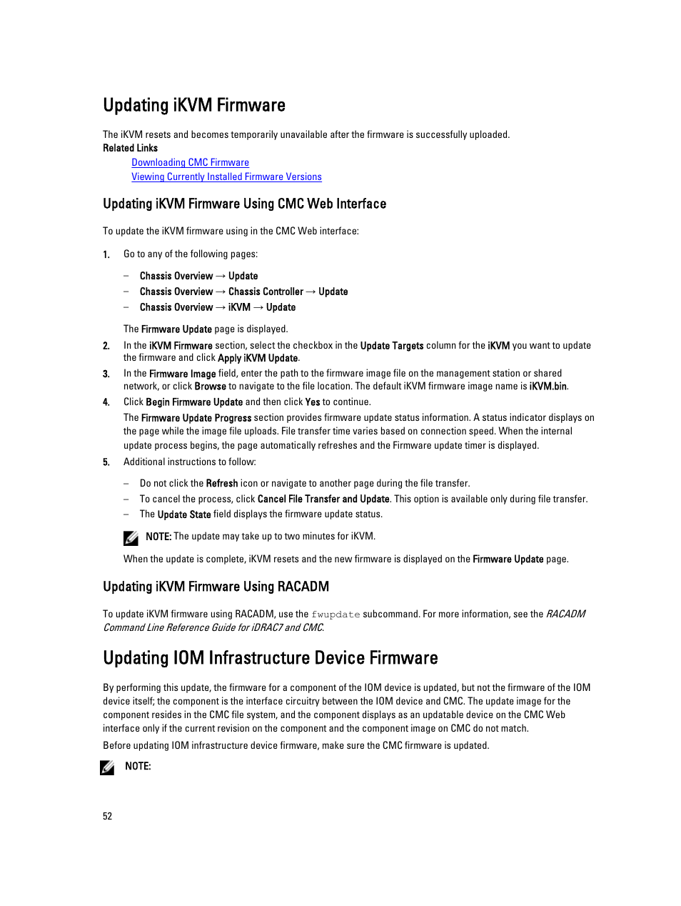 Updating ikvm firmware, Updating ikvm firmware using cmc web interface, Updating ikvm firmware using racadm | Updating iom infrastructure device firmware | Dell POWEREDGE M1000E User Manual | Page 52 / 260