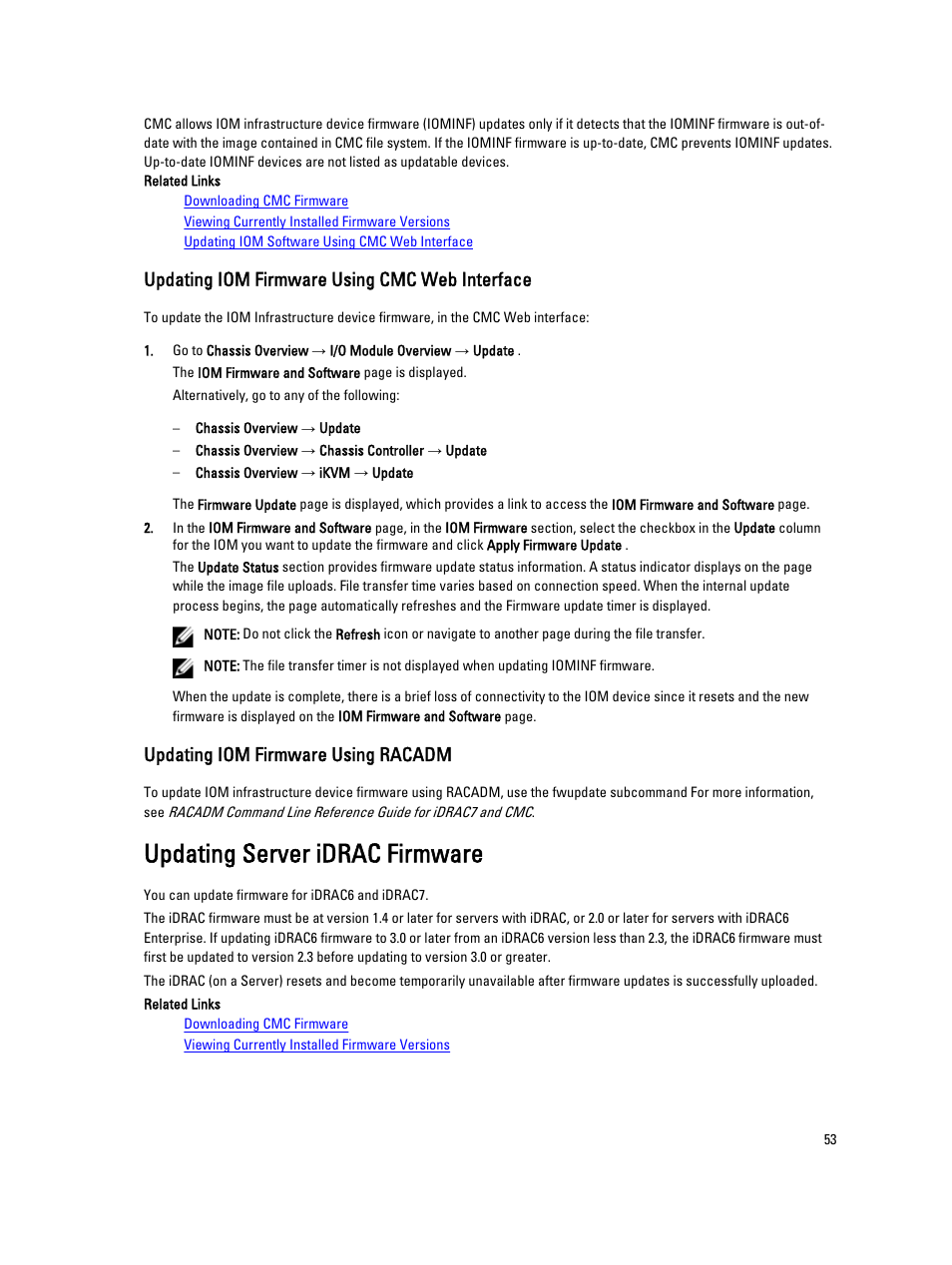 Updating iom firmware using cmc web interface, Updating iom firmware using racadm, Updating server idrac firmware | Dell POWEREDGE M1000E User Manual | Page 53 / 260