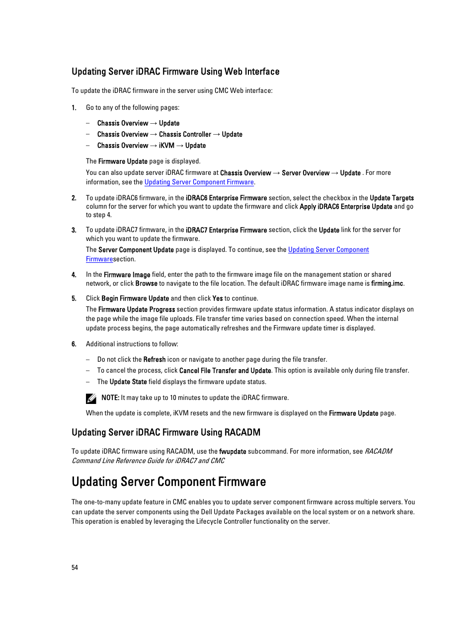 Updating server idrac firmware using web interface, Updating server idrac firmware using racadm, Updating server component firmware | Dell POWEREDGE M1000E User Manual | Page 54 / 260