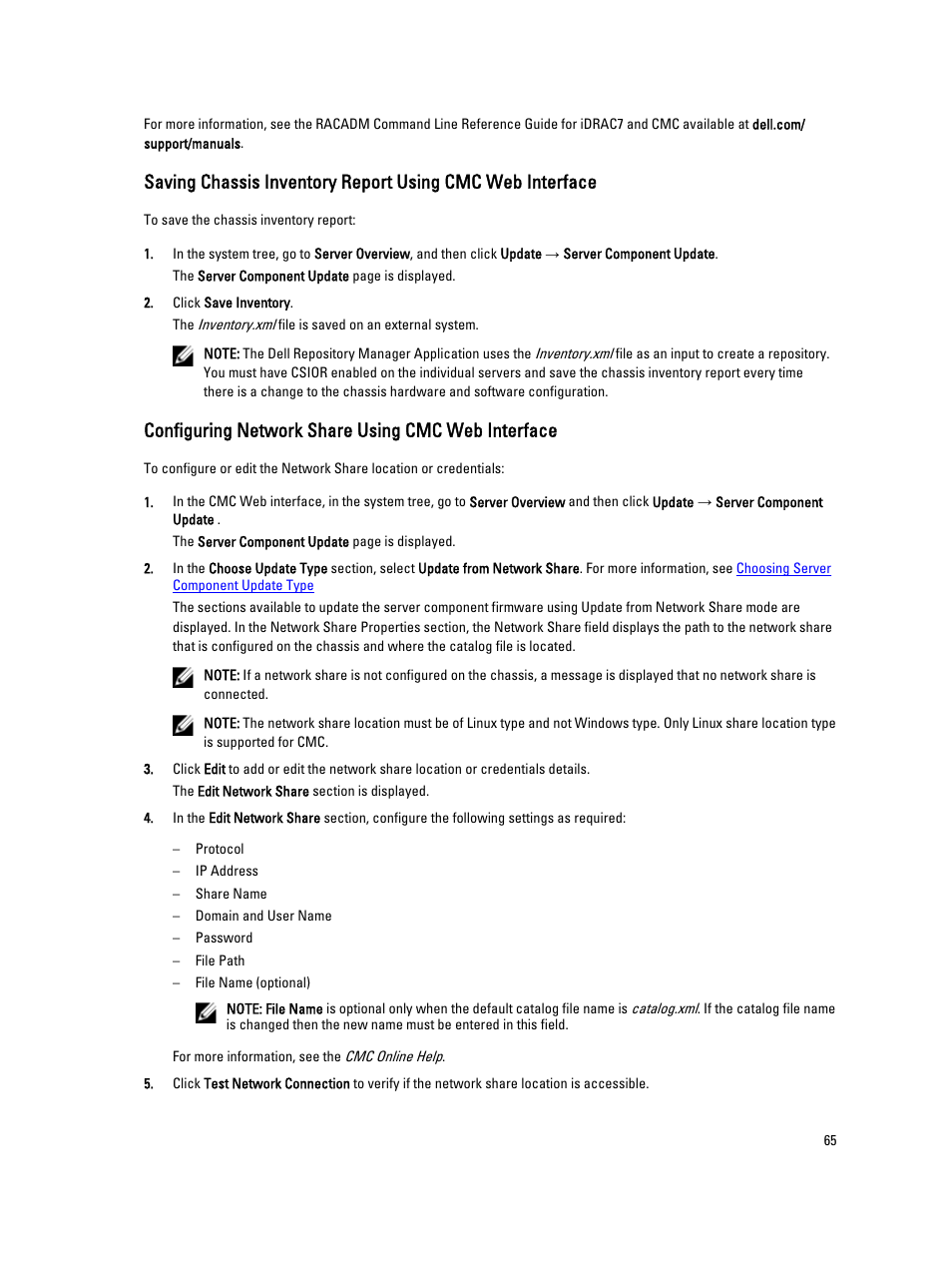 Configuring network share using cmc web interface, Saving chassis inventory report using, Cmc web interface | Dell POWEREDGE M1000E User Manual | Page 65 / 260