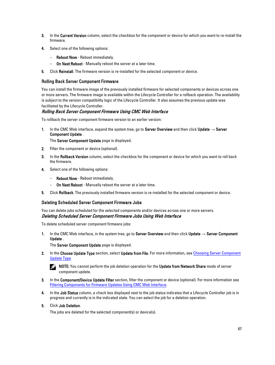 Rolling back server component firmware, Deleting scheduled server component firmware jobs | Dell POWEREDGE M1000E User Manual | Page 67 / 260