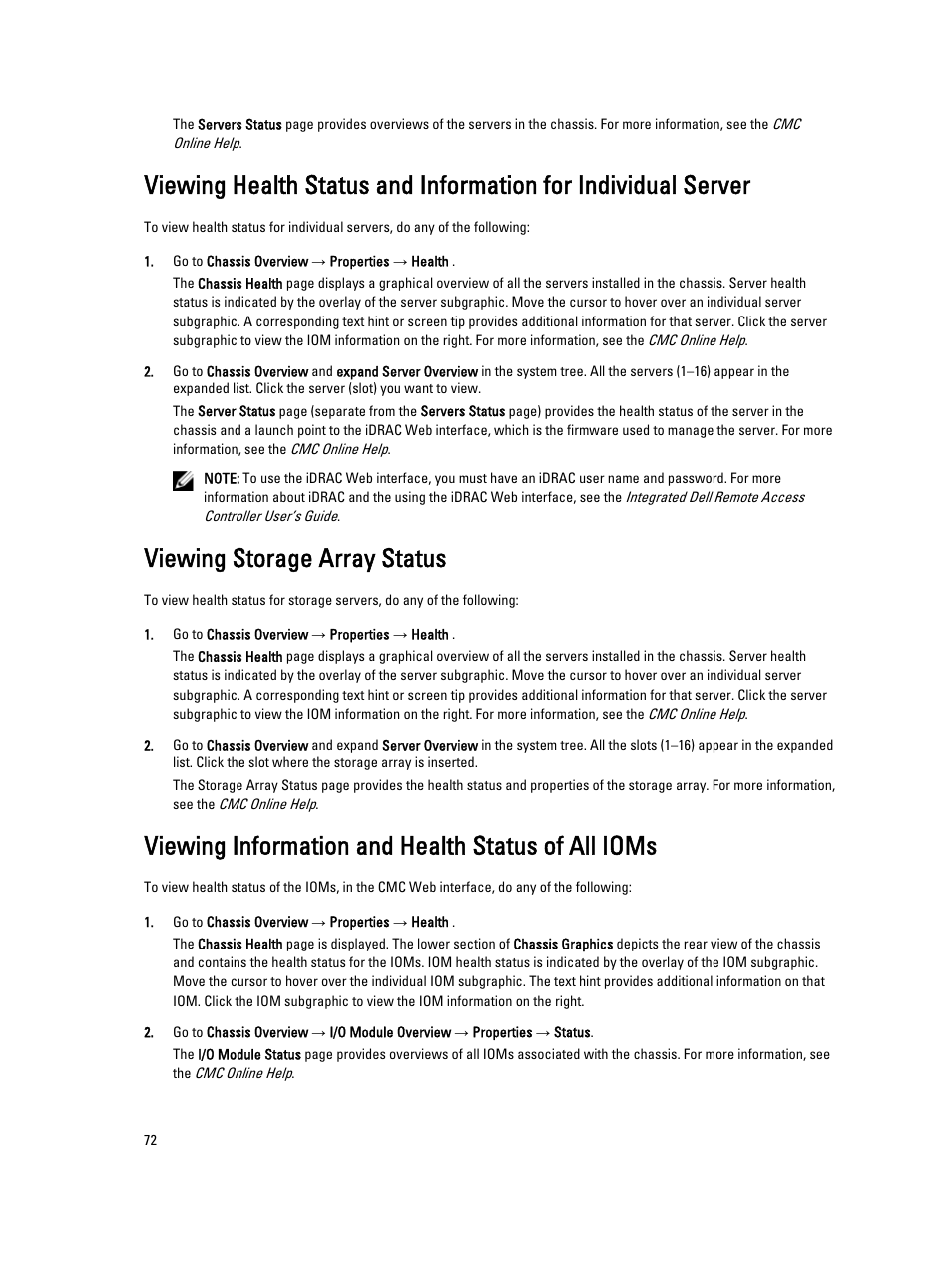Viewing storage array status, Viewing information and health status of all ioms | Dell POWEREDGE M1000E User Manual | Page 72 / 260