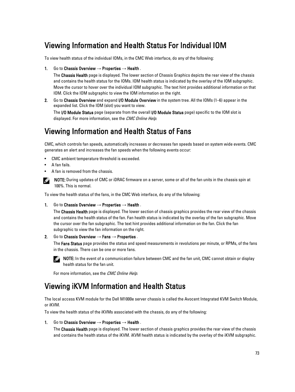Viewing information and health status of fans, Viewing ikvm information and health status | Dell POWEREDGE M1000E User Manual | Page 73 / 260