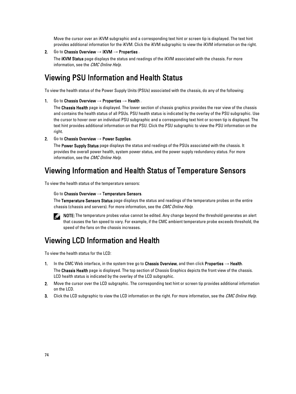 Viewing psu information and health status, Viewing lcd information and health | Dell POWEREDGE M1000E User Manual | Page 74 / 260
