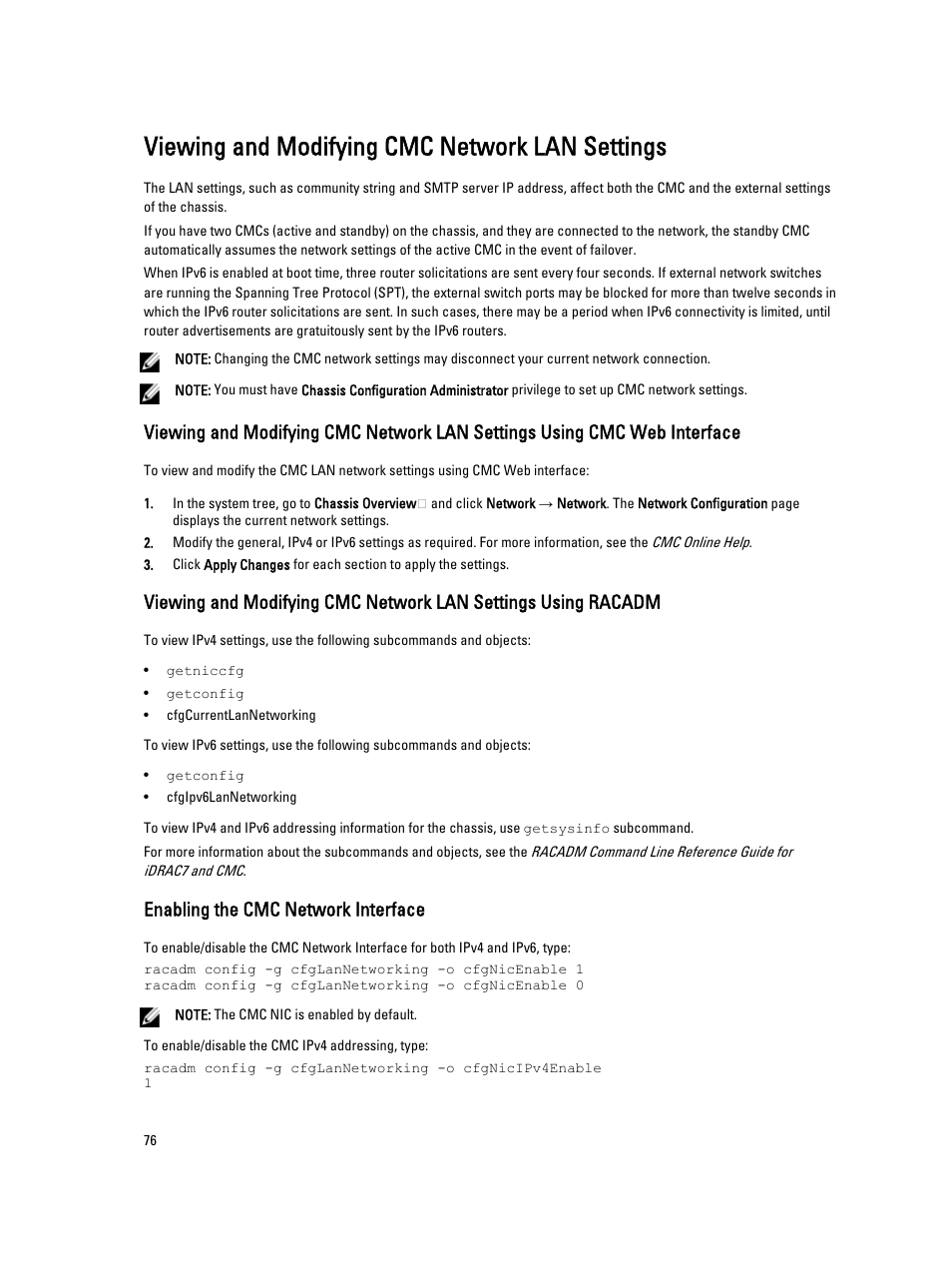 Viewing and modifying cmc network lan settings, Enabling the cmc network interface | Dell POWEREDGE M1000E User Manual | Page 76 / 260