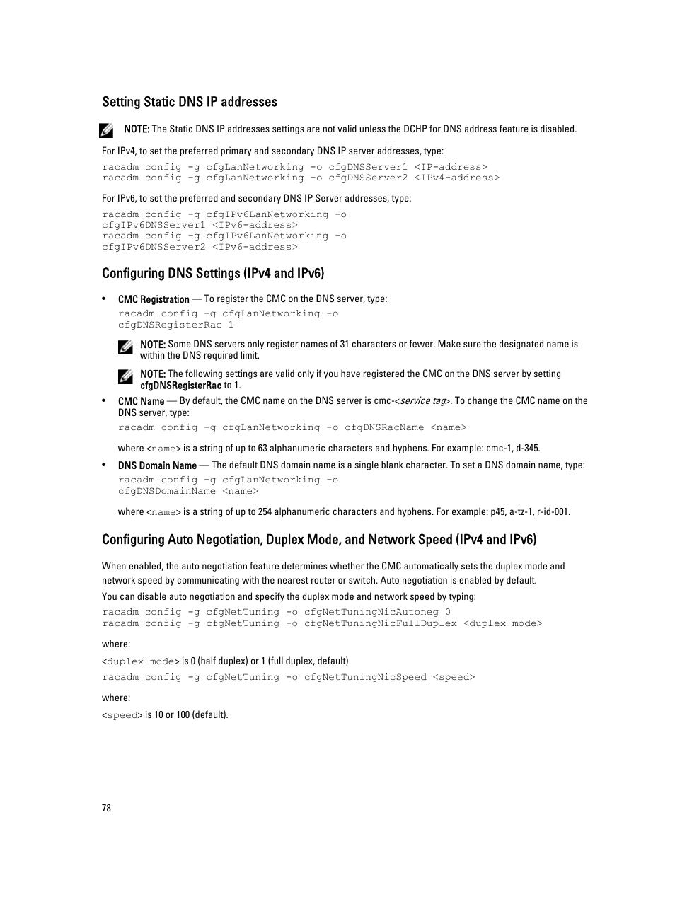 Setting static dns ip addresses, Configuring dns settings (ipv4 and ipv6) | Dell POWEREDGE M1000E User Manual | Page 78 / 260