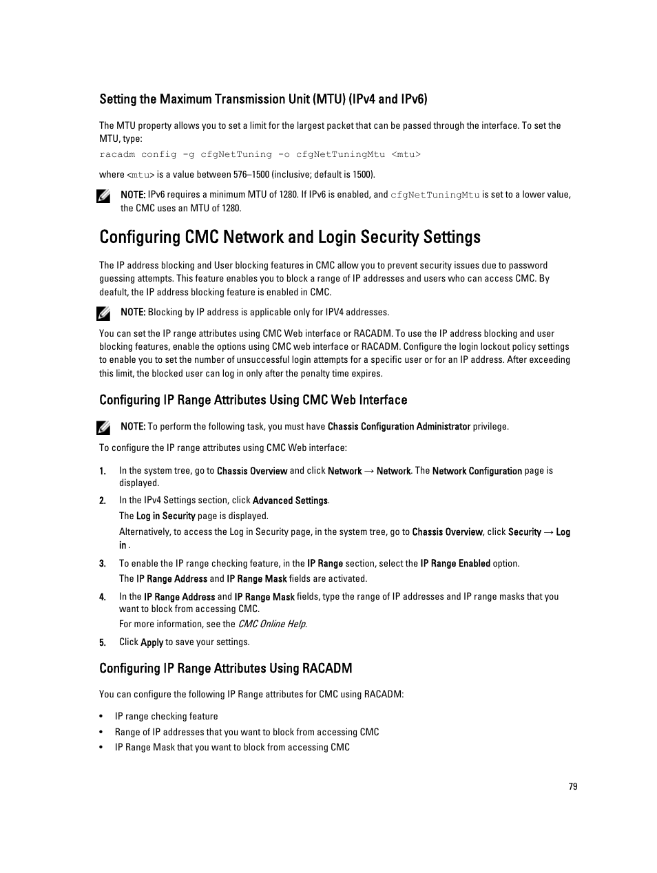Configuring ip range attributes using racadm | Dell POWEREDGE M1000E User Manual | Page 79 / 260