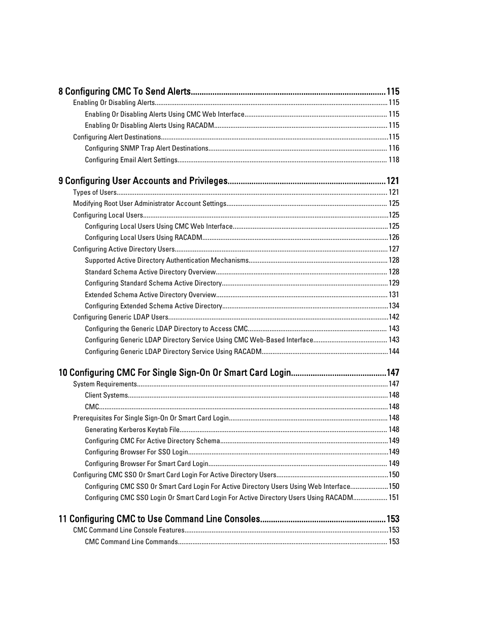 8 configuring cmc to send alerts, 9 configuring user accounts and privileges, 11 configuring cmc to use command line consoles | Dell POWEREDGE M1000E User Manual | Page 8 / 260