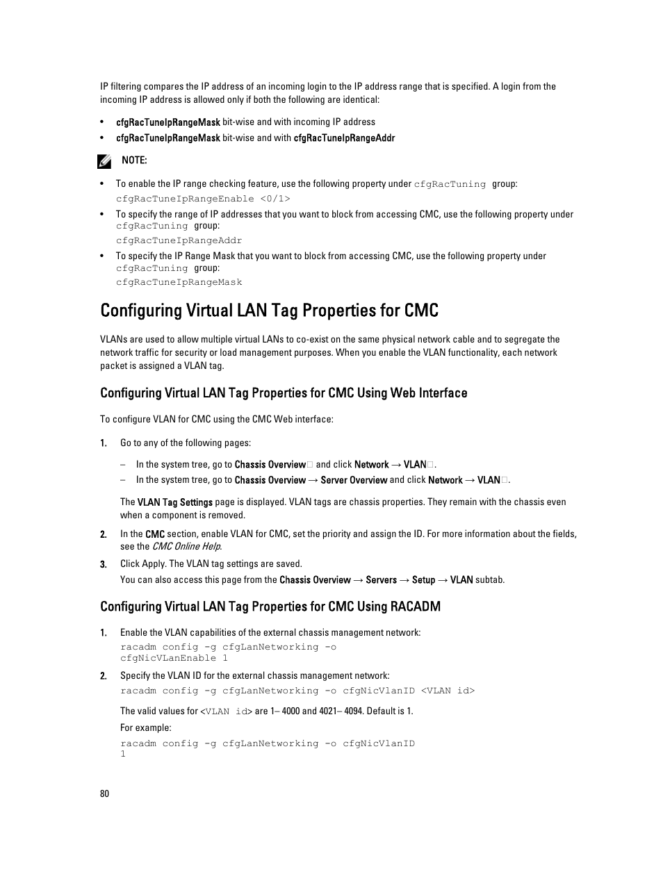 Configuring virtual lan tag properties for cmc | Dell POWEREDGE M1000E User Manual | Page 80 / 260